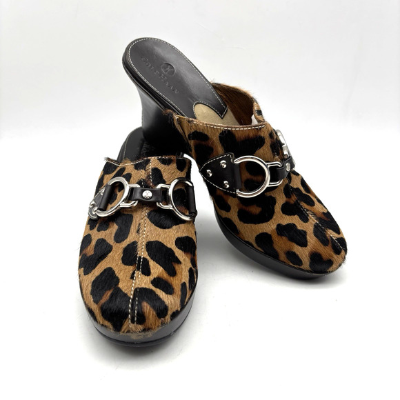 Cole Haan D18331 Leopard Print Cow Hair D-ring Brown Leather Wedge Clogs 6B - Picture 3 of 16